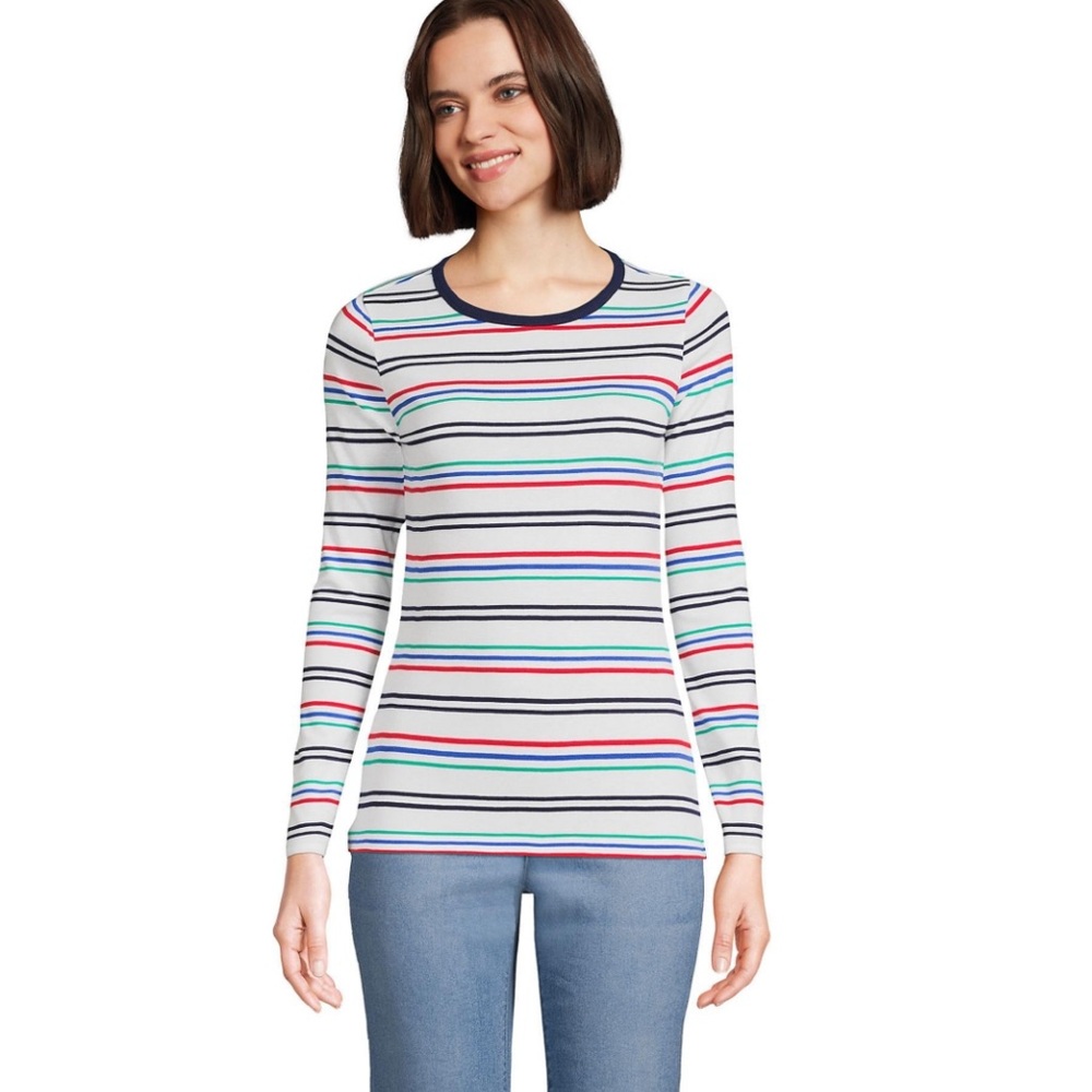 Lands' End Multicolor Stripe Women's Cotton Rib Long Sleeve Crewneck T-Shirt NWT